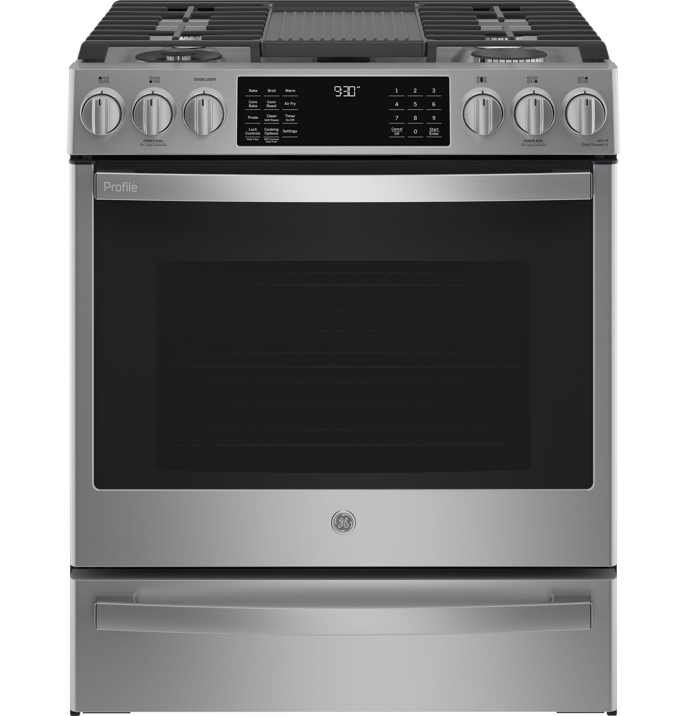 GE Profile™ 30" Smart Slide-In Front-Control Gas Fingerprint Resistant Range with No Preheat Air Fry